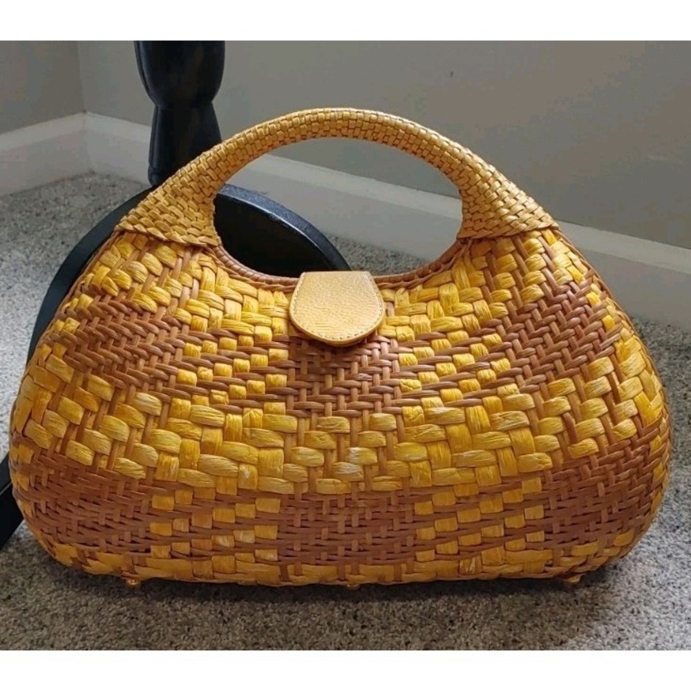 Straw Handbag Women Beach Basket Woven Hobo Summer Chic Crescent Yellow Rare